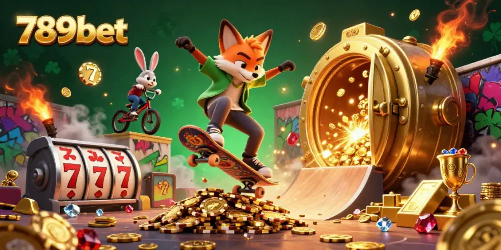 Experience thrilling action with 789bet as a skateboarder fox and BMX rabbit perform tricks in a vibrant casino scene.