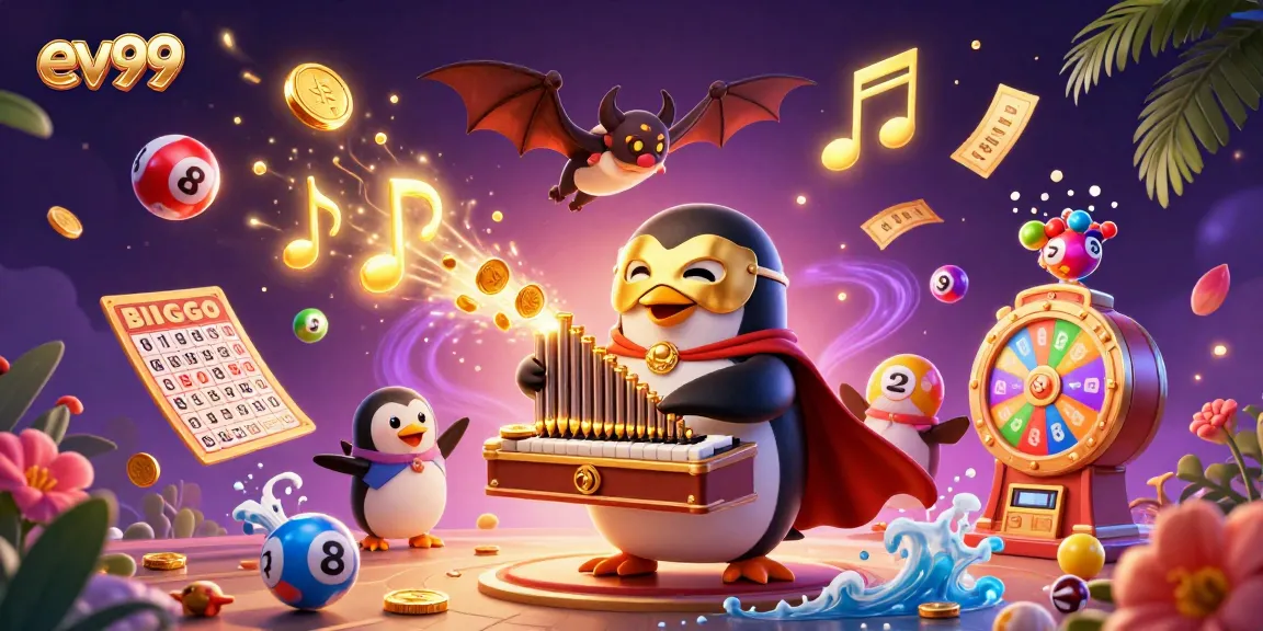 Engage with ev99's gaming excitement as a penguin plays for wins amid a dynamic lottery scene.