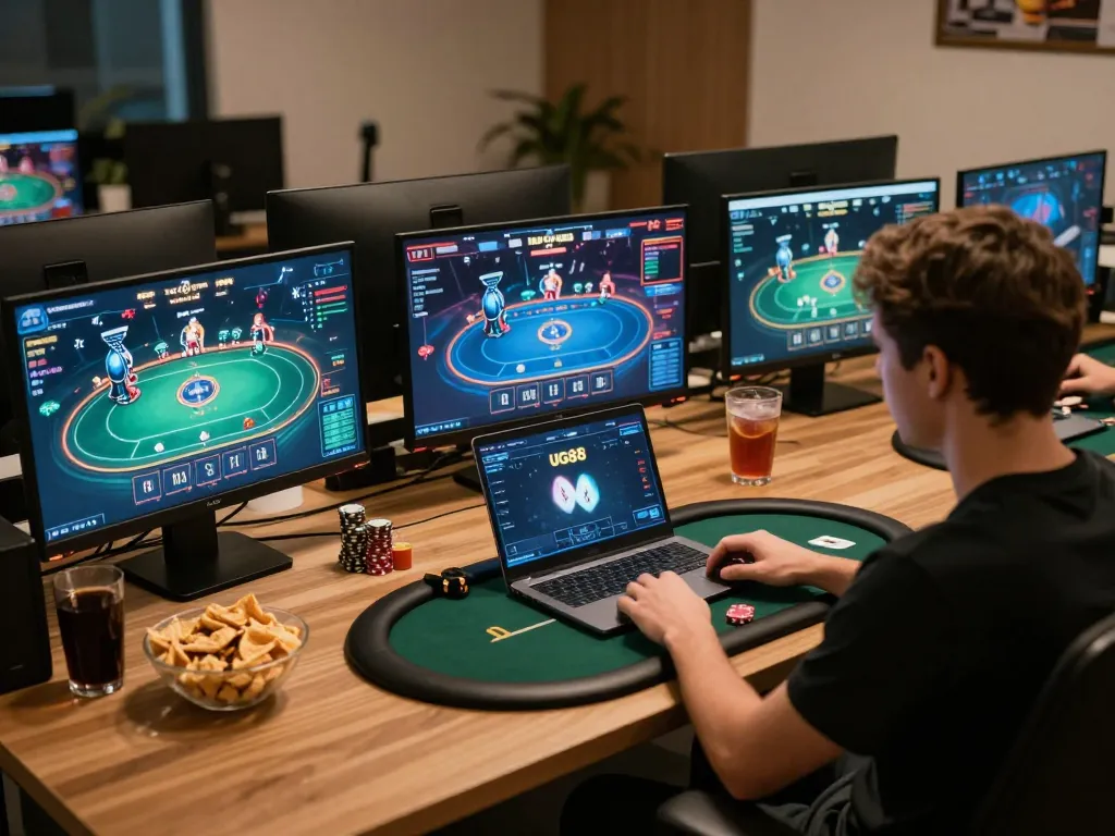 Engaged player participating in an exciting UG88 online poker game, highlighting dynamic gameplay and strategic betting.