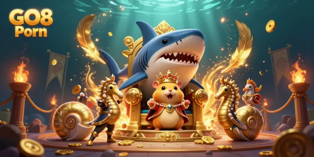 Bet on GO8 Porn with the golden hamster king surrounded by royal guards and majestic game elements.