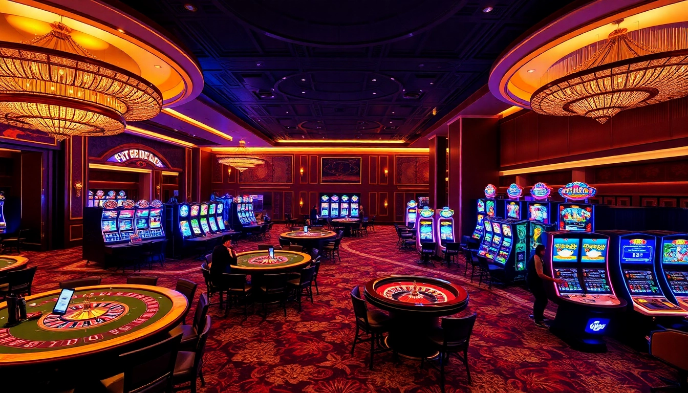 Experience the thrill of casino action at 789BETCOM, featuring players at tables and dazzling slot machines.