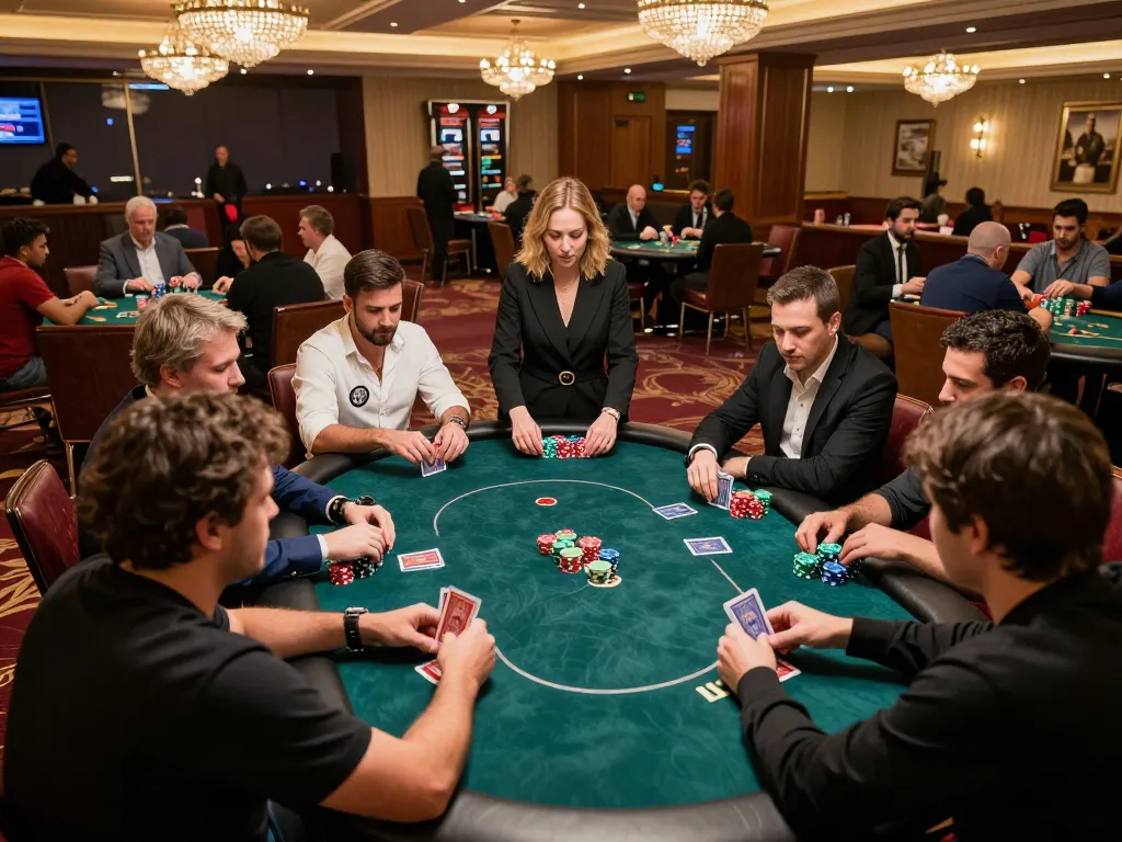 Kong88 poker players compete with high stakes and strategy at a luxurious casino table.