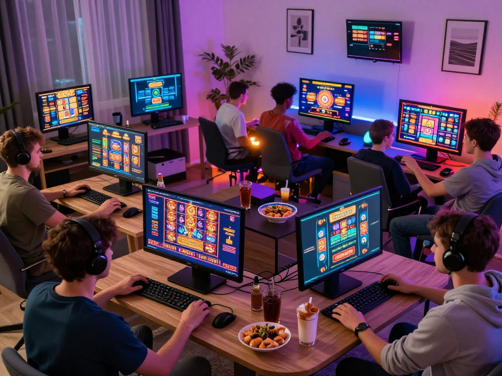 Excited UK players enjoying top USA casinos for UK players in a lively home gaming environment.