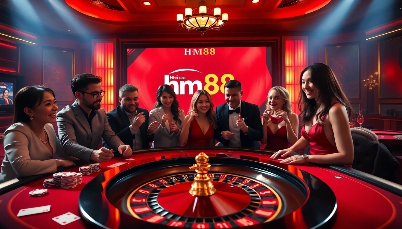 Experience the thrill of gambling at Nhà cái Hm88 with a lively casino scene featuring players at the roulette table.