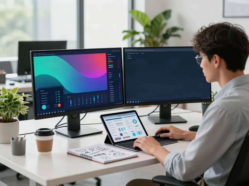 Digital marketer analyzing instant indexing performance in a modern office.