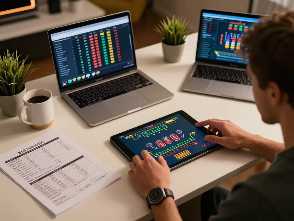 Engaged player using fly88 app during online Blackjack session with strategy notes and warm ambiance.