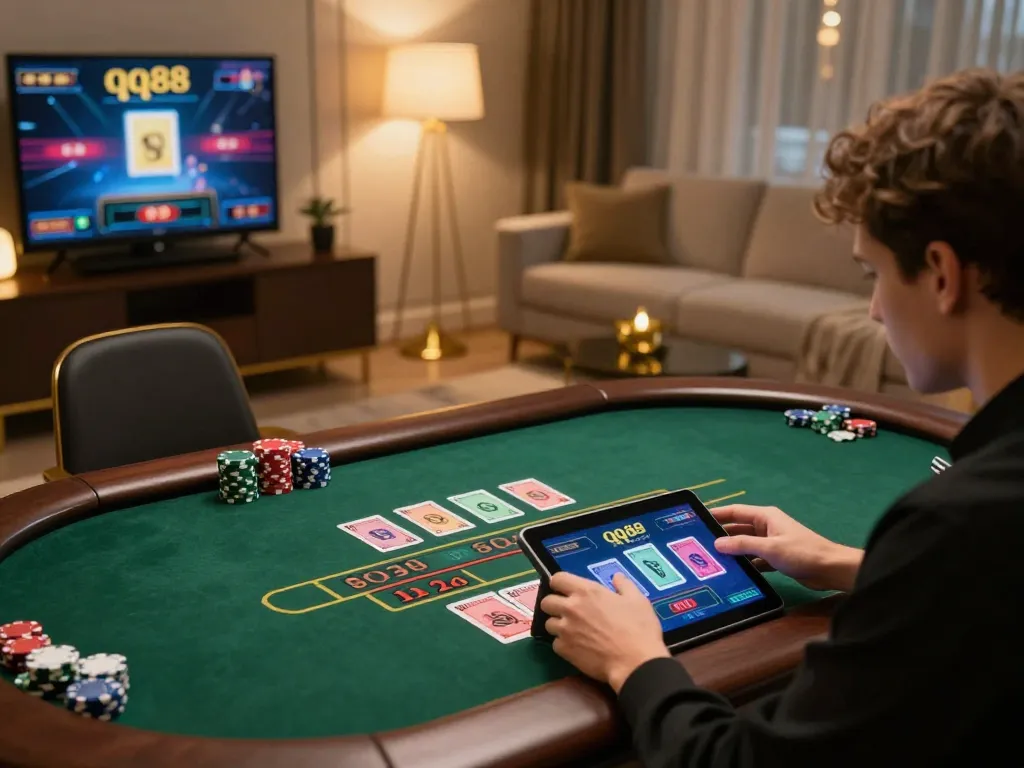 Engaging in an exciting online blackjack game on qq88 platform in a cozy home setting.