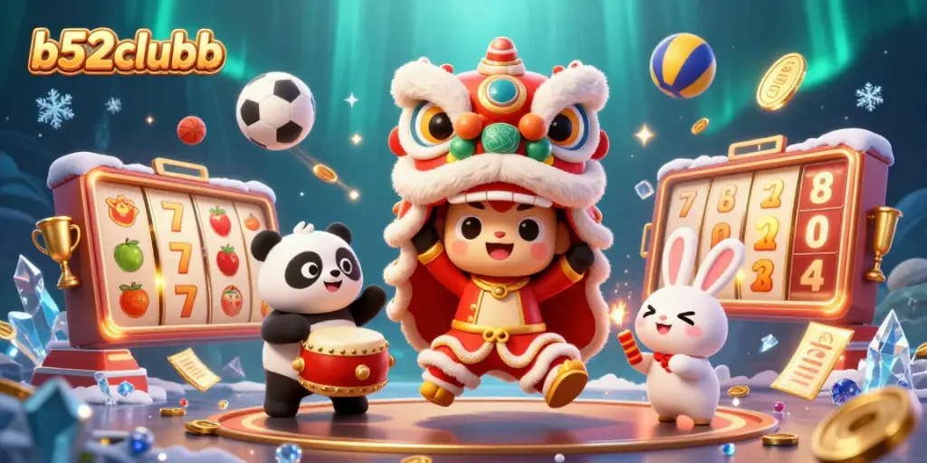 B52clubb showcases a dynamic online casino scene filled with animated slot reels, a lion dance, and festive energy.