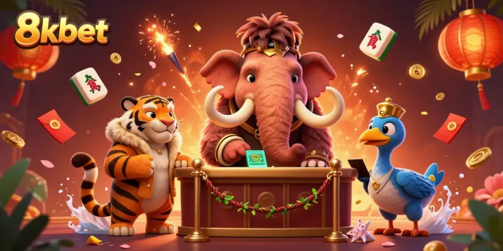 Experience thrills with 8xbet in a vibrant, cartoonish casino scene brimming with energy.