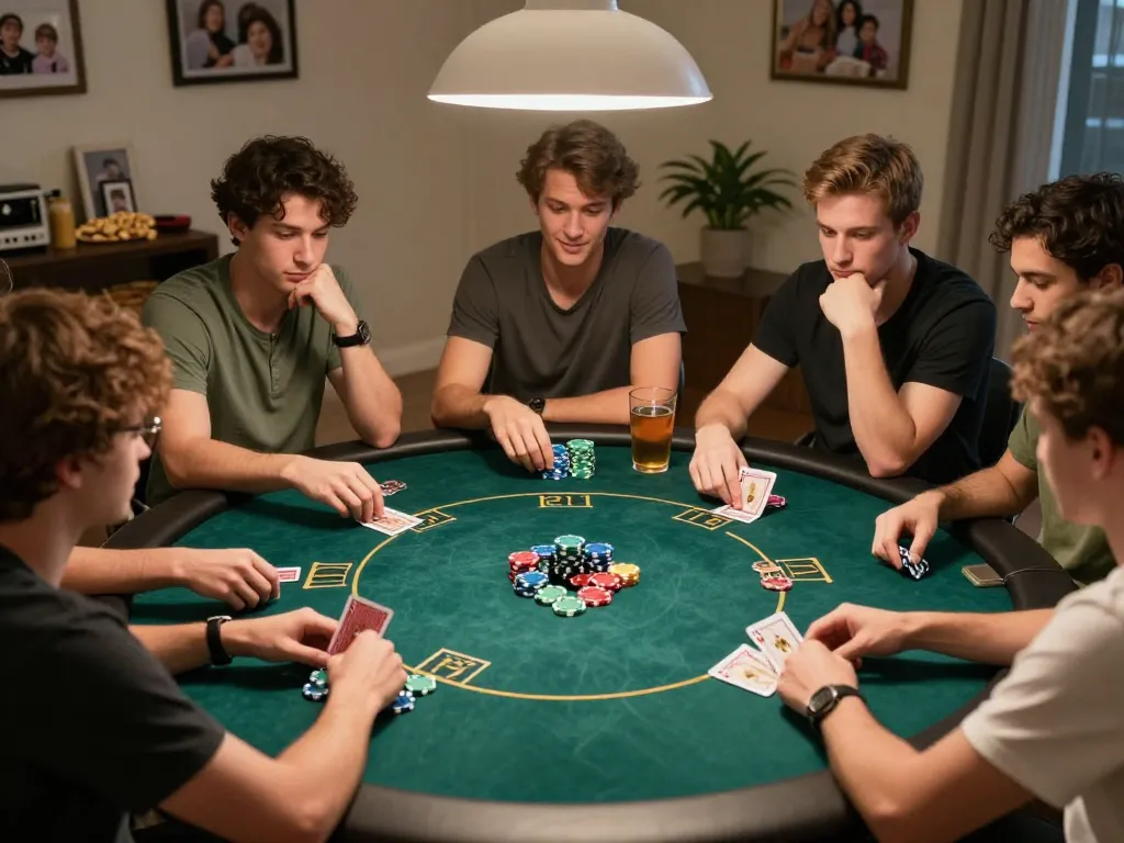 Friends playing poker at home, capturing the strategic excitement of 789wincom games and social bonding.