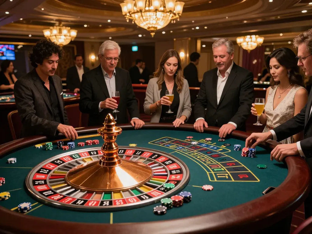Players enjoying an exciting roulette game at sky88 casino with vibrant chips and elegant decor.