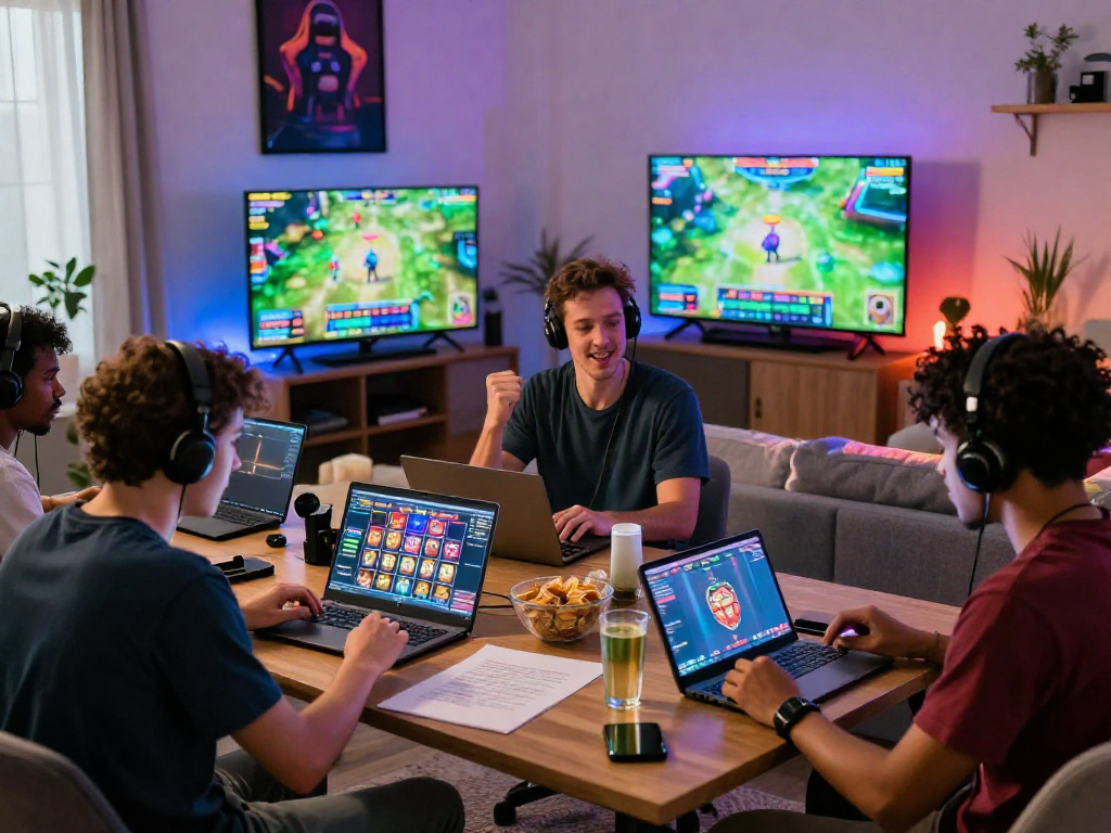 Diverse group celebrating wins in non UK slots during a cozy home gaming session.