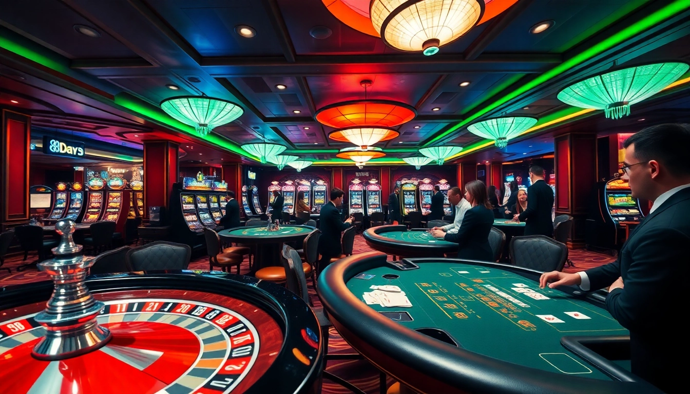 8DAY gamers strategizing at casino tables amid vibrant lights and luxury decor.