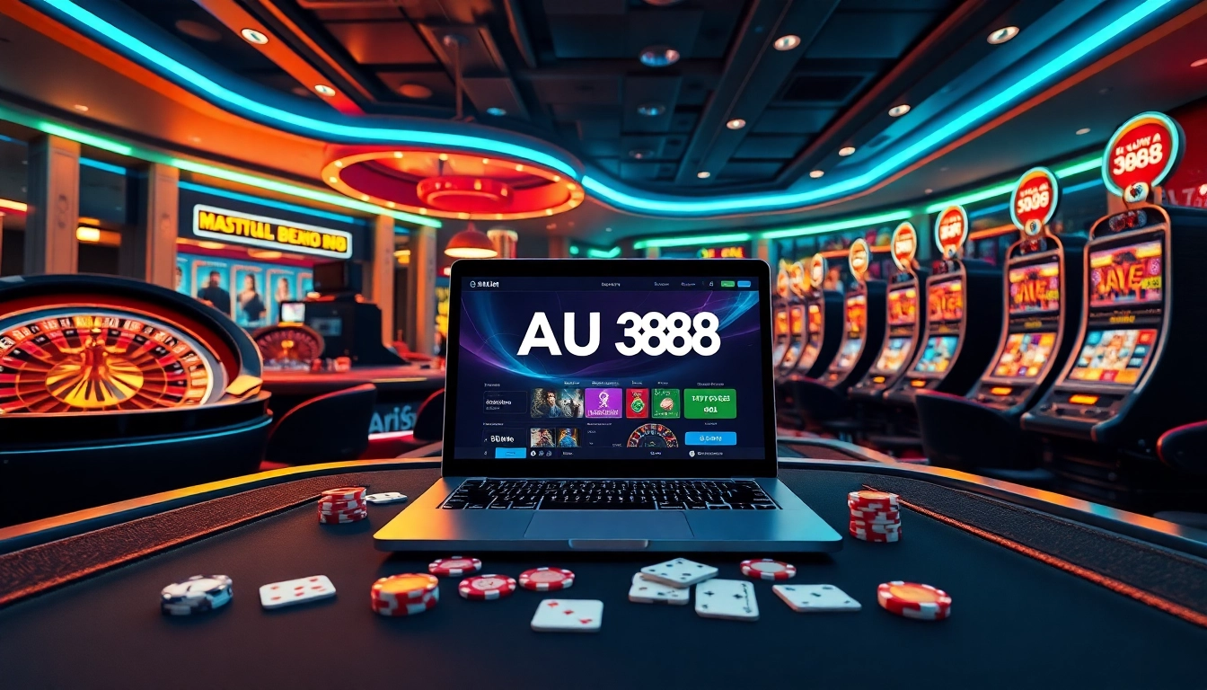 Engaging scene of AU88 online casino with vibrant roulette wheel and poker elements.