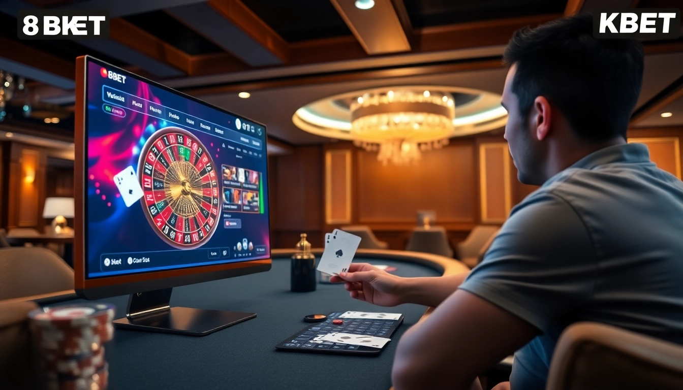 Experience excitement at 8KBET with an engaging online gambling scene filled with vibrant casino elements.