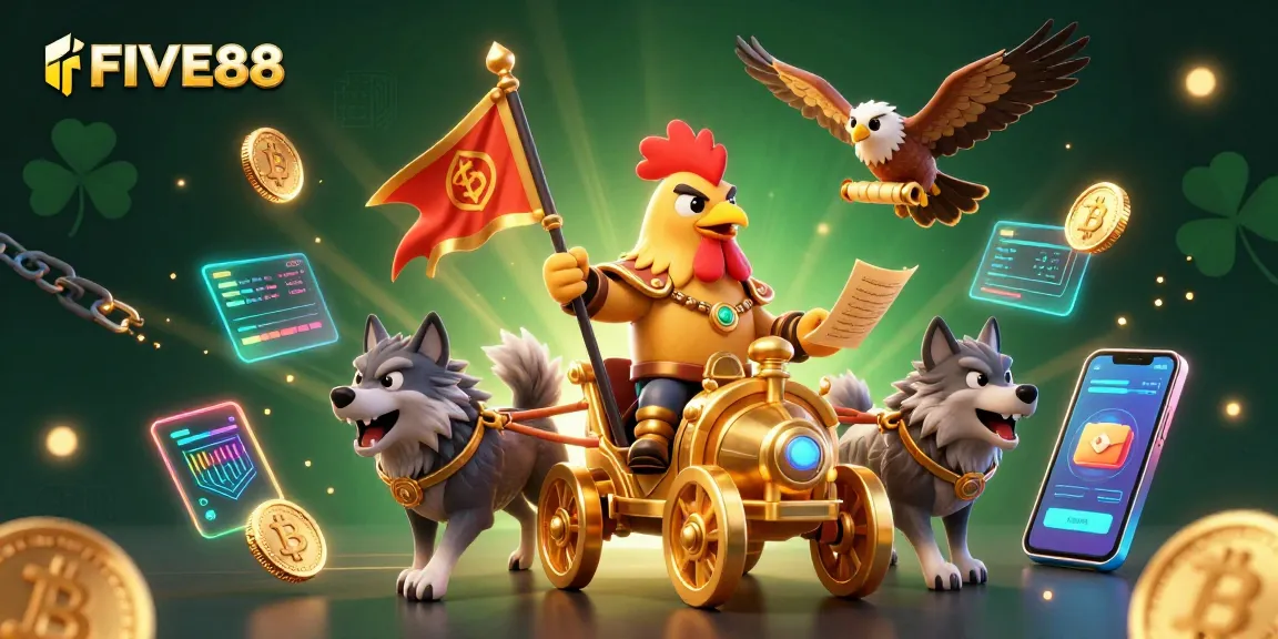 Experience thrilling action at FIVE88 with a rooster warlord and fierce wolves in a vibrant, immersive casino scene.