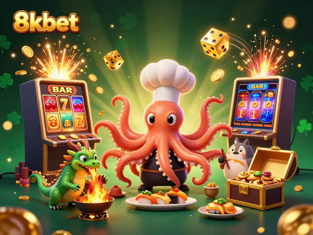 Experience thrilling gaming moments with 8xbet featuring a dynamic sushi chef, dragon, and tanuki amidst golden winnings.