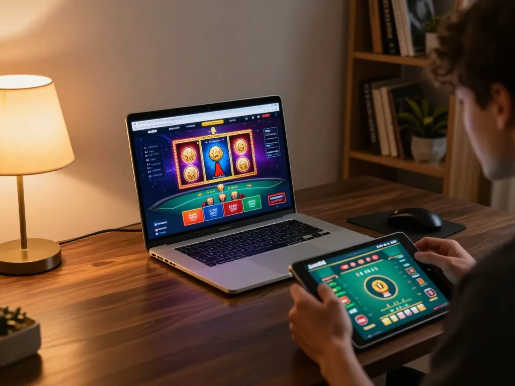 Player engaging with Jun88 online platform on laptop and tablet, showcasing dynamic gaming experience.