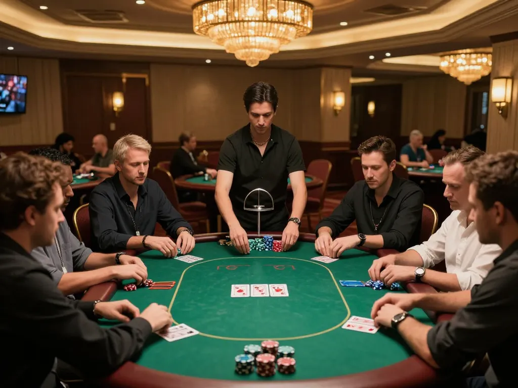 RR99 poker players strategizing during an intense game night at a luxurious casino