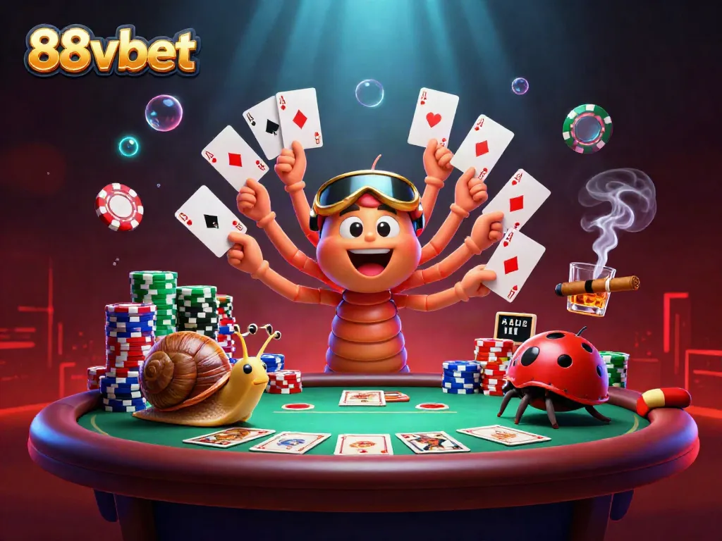 Witness the excitement of 88vbet with a lively dealer and high-rolling snail at a dynamic poker table.