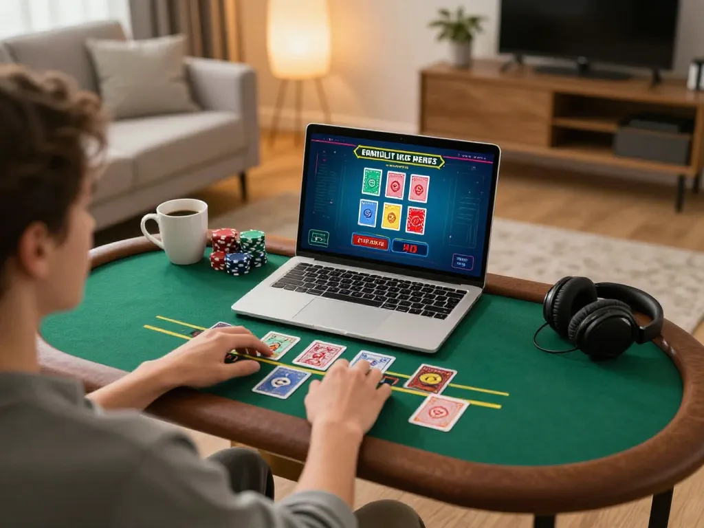 Player engaged in Net88 live dealer blackjack, showcasing strategic gameplay in a cozy home environment