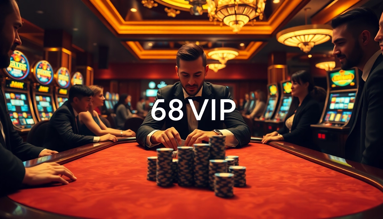 Players engage in a heated poker game at 68VIP, showcasing excitement and luxury in a casino setting.