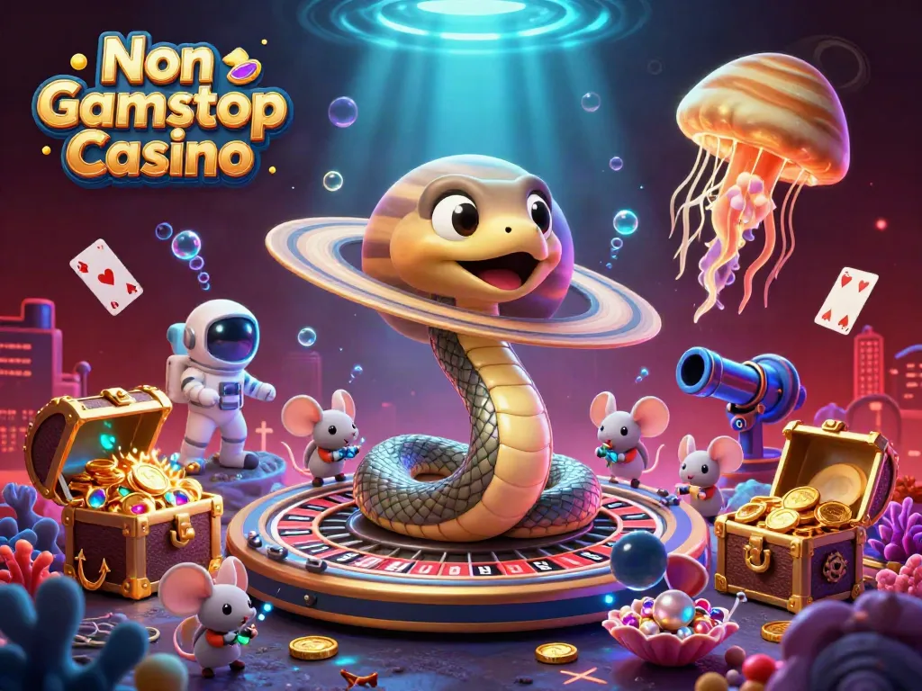 Interactive scene of Non Gamstop Casino showcasing gamblers and games in a vibrant cosmic setting.