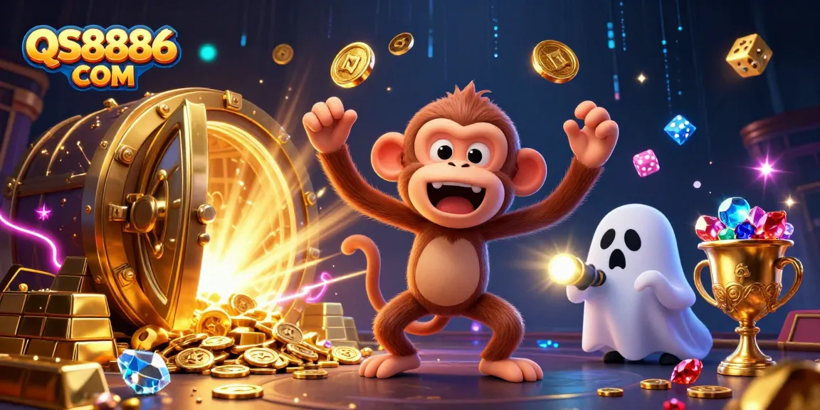 Engage in thrilling fun at QS8886 COM with an adventurous monkey and ghost-hunter puppy in a vibrant casino