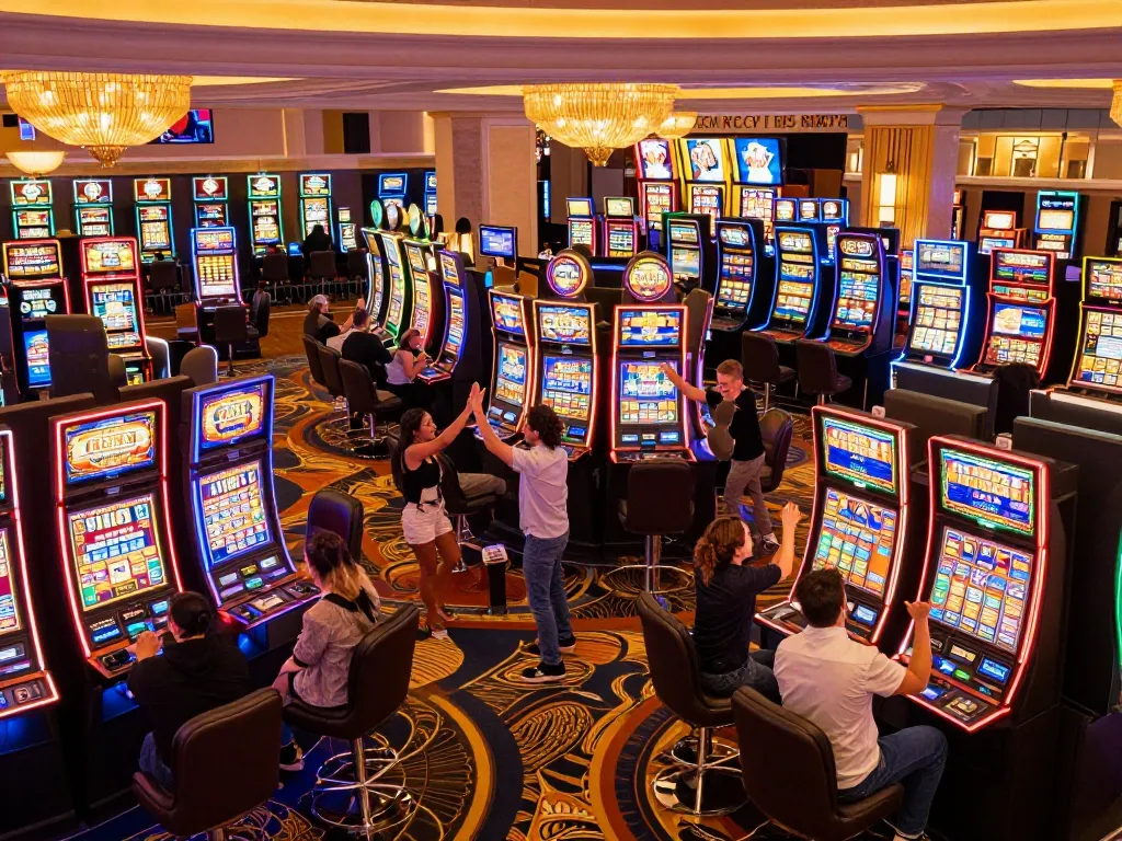 Players enjoying vibrant slot machines at five88 casino, celebrating wins with excitement.