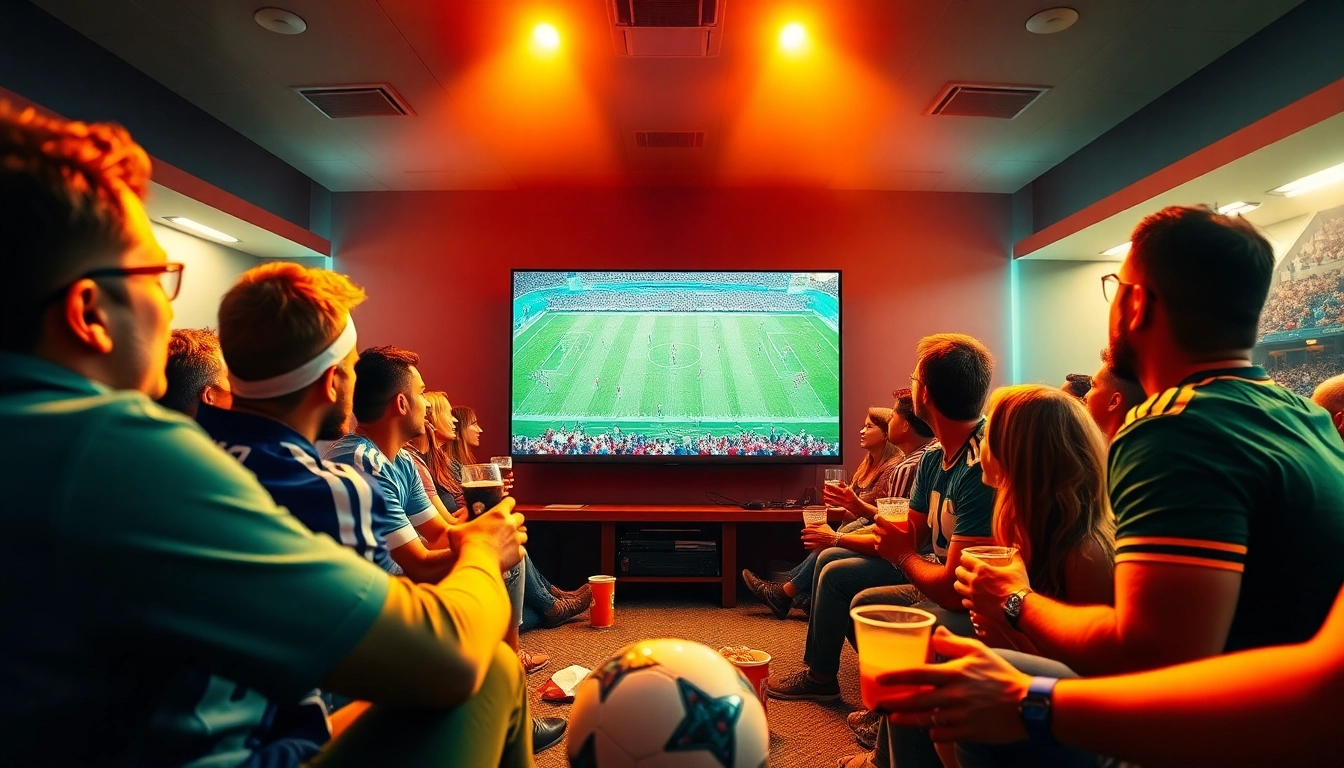 Excited fans watching live football on joemadfan.com, showcasing passion and community.