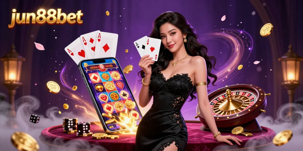 Experience the excitement at jun88bet with a photorealistic Asian woman playing cards in a luxurious casino setting.