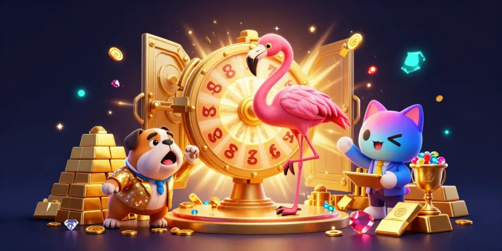 Spin and win at jw88 with an engaging game show host, bulldog contestant, and sparkling treasures