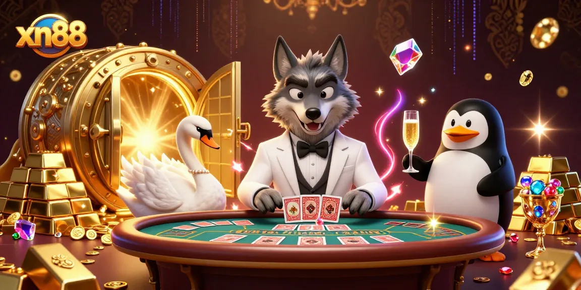 xn88 features a playful baccarat scene with charming animal characters in a vibrant casino setting