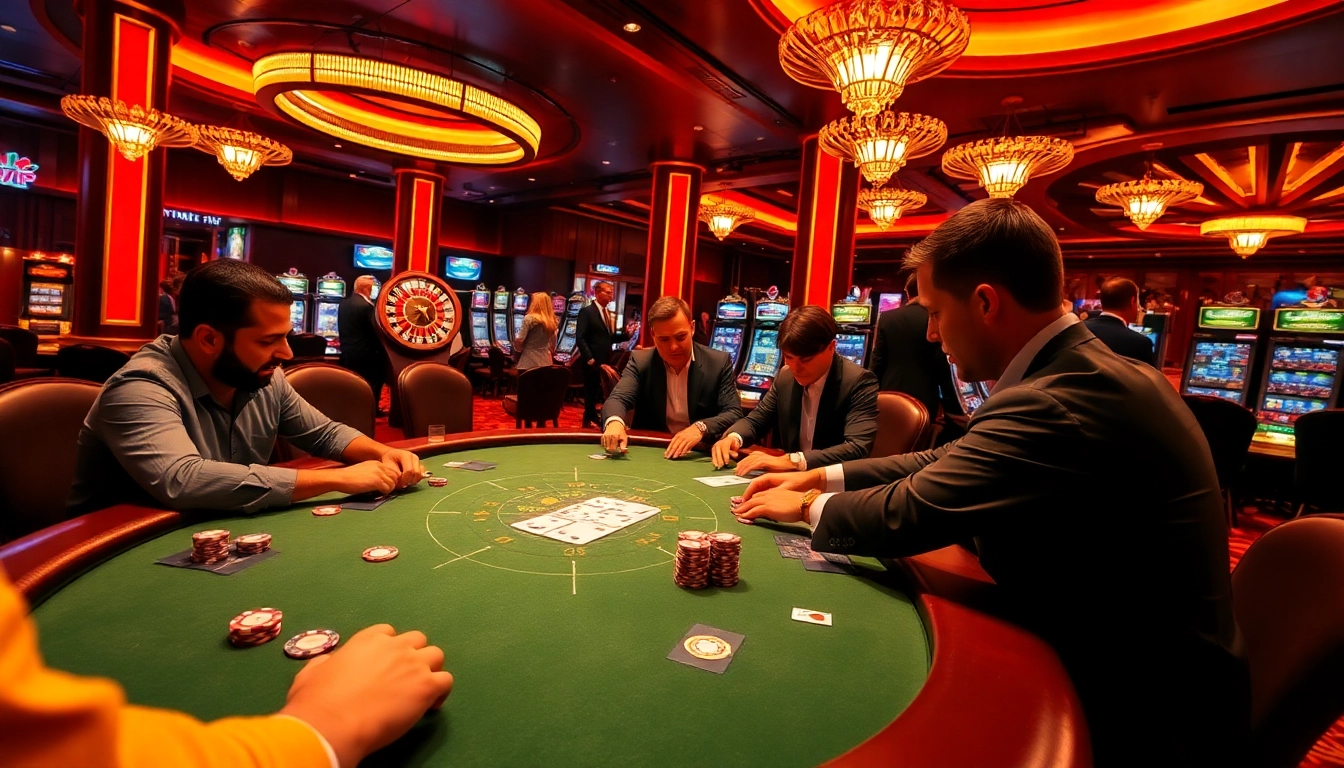 A thrilling poker game at 68VIP casino, showcasing intense players and vibrant gambling atmosphere.