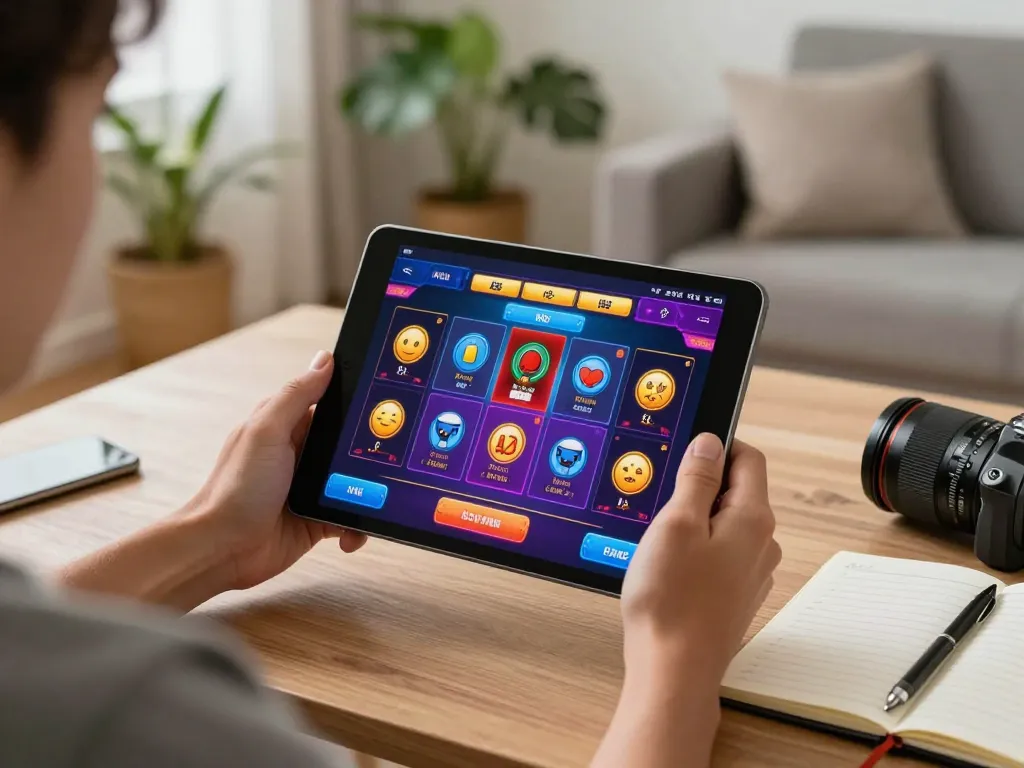 Engaging online gaming experience on TR88 with dynamic tablet interface and cozy setting.