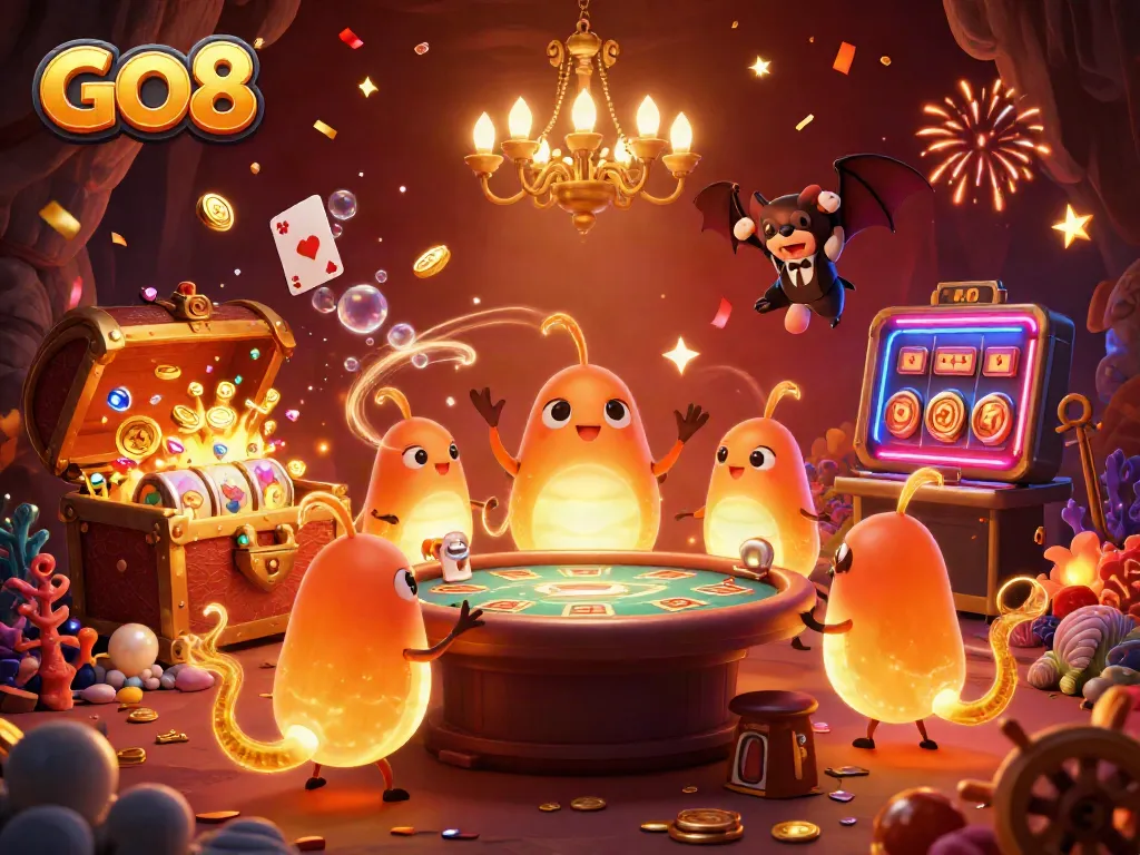 Engage with GO8's vibrant cave casino filled with colorful gems, lighting effects, and a bat dealer making your gaming experience unforgettable.