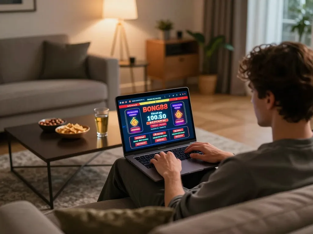 Player engaging in dynamic gaming session on bong88 online casino platform from cozy home setup.