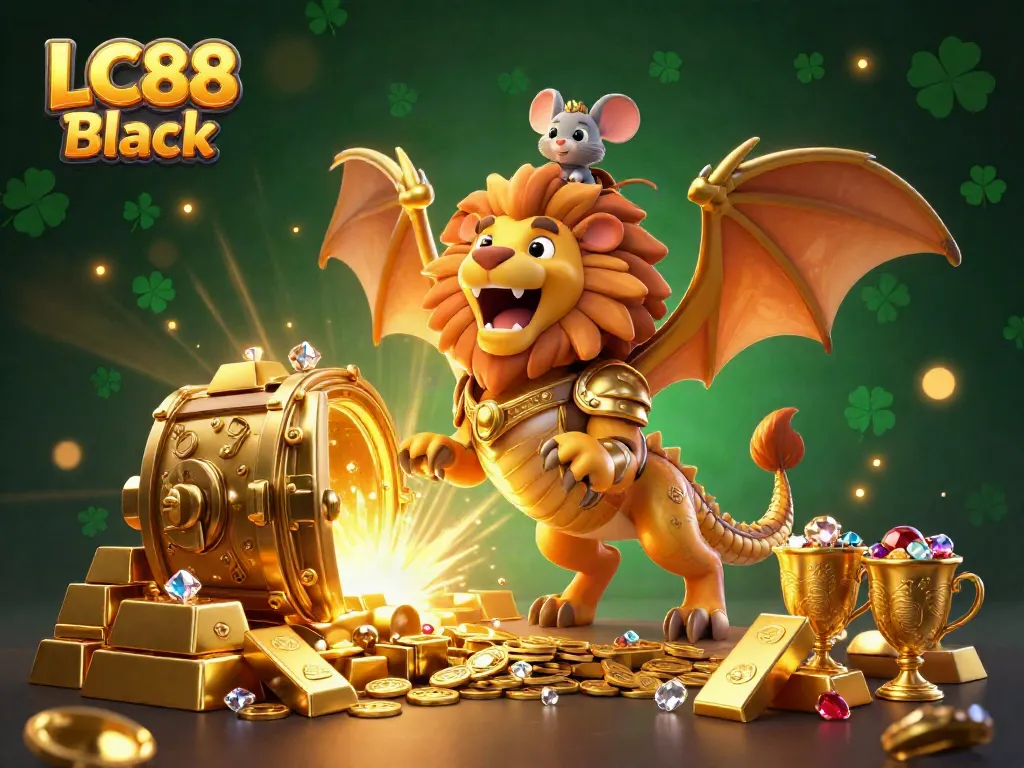 Experience the thrilling adventure of LC88 Black with a roaring chimera and treasure galore in this immersive casino scene.