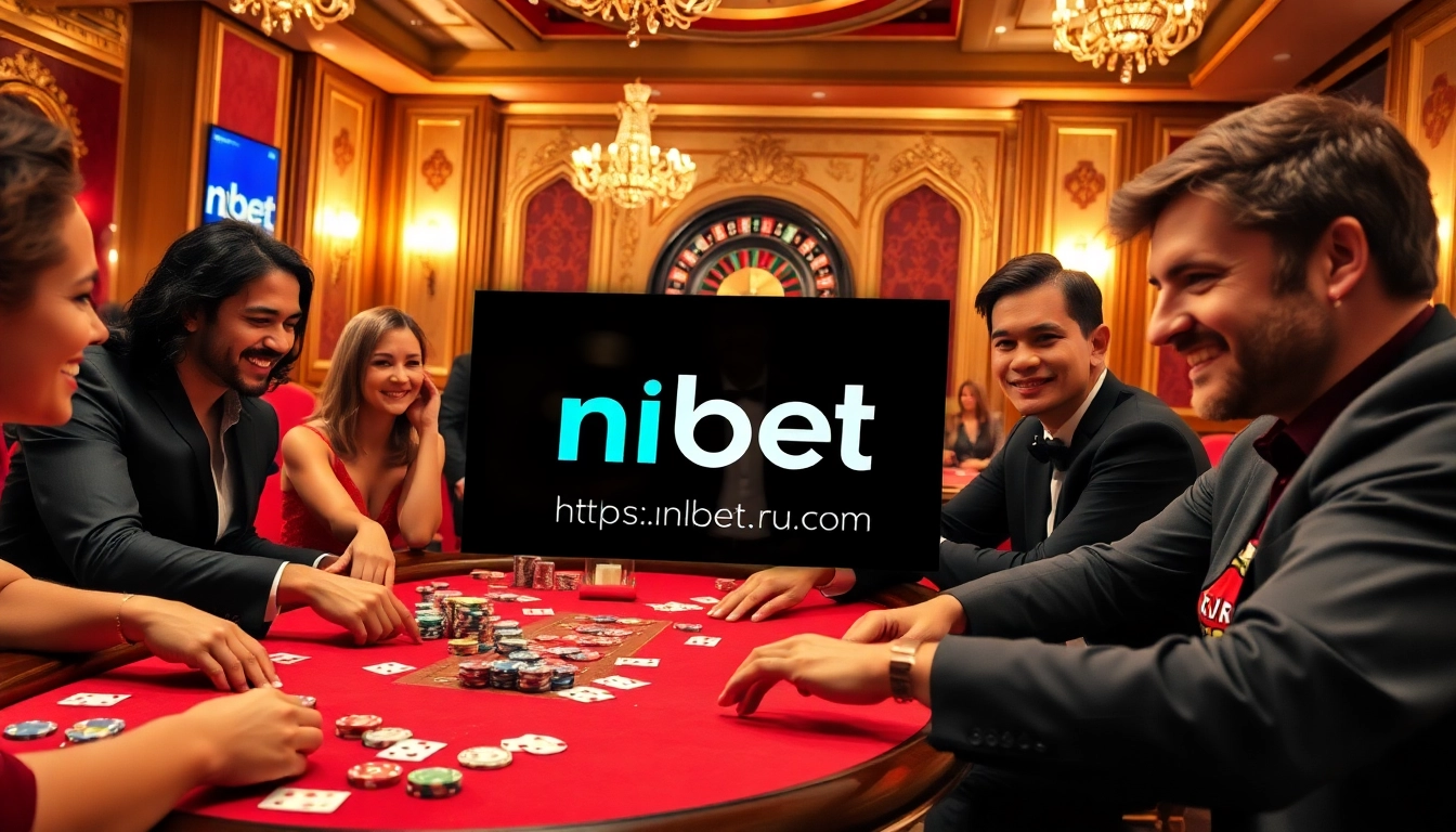 Engaged players enjoying poker at a luxurious casino, featuring https://nbet.ru.com/ branding.