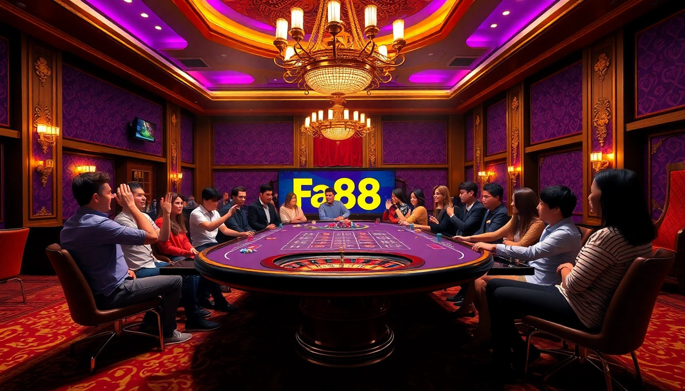 Exciting players engaging at a luxurious fa88-themed casino table.