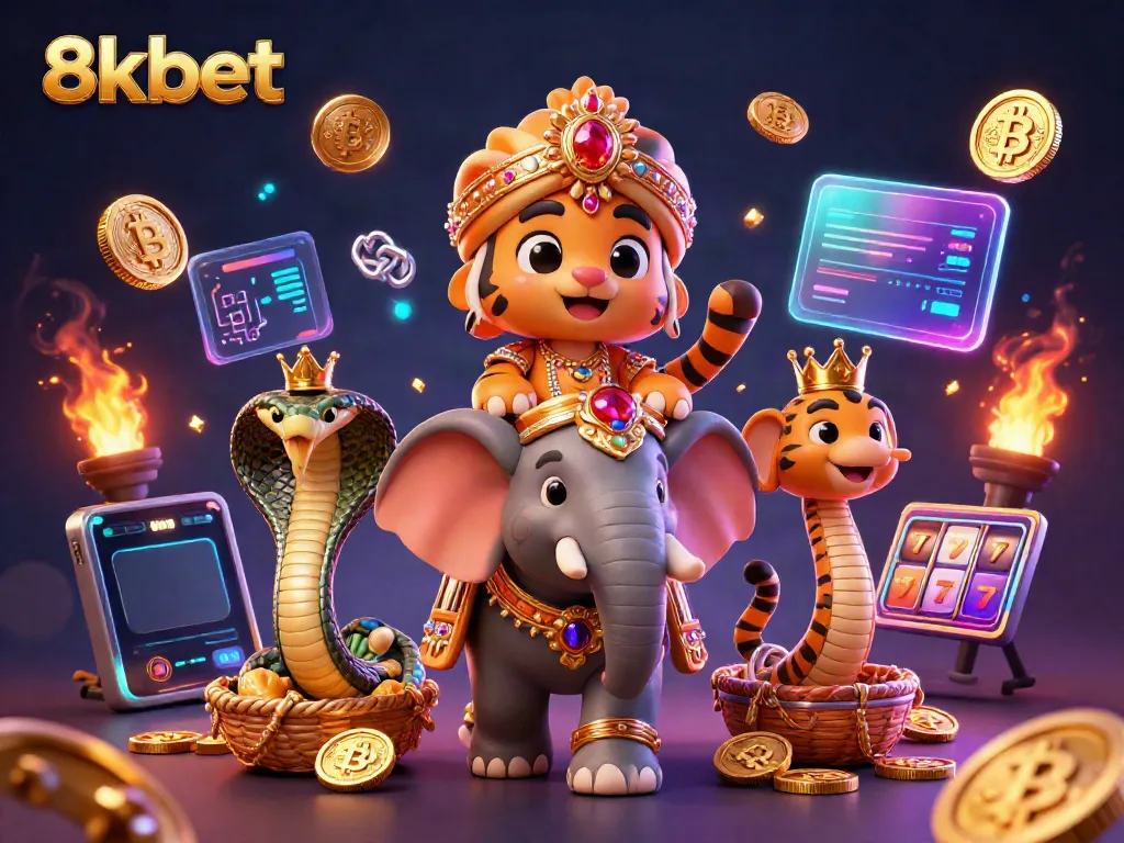 Experience thrilling gaming with 8xbet in a vibrant 3D casino panorama showcasing a majestic elephant and treasures.