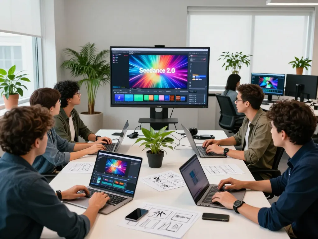 Seedance 2.0 AI team collaborating in a modern workspace with screens showing video production.