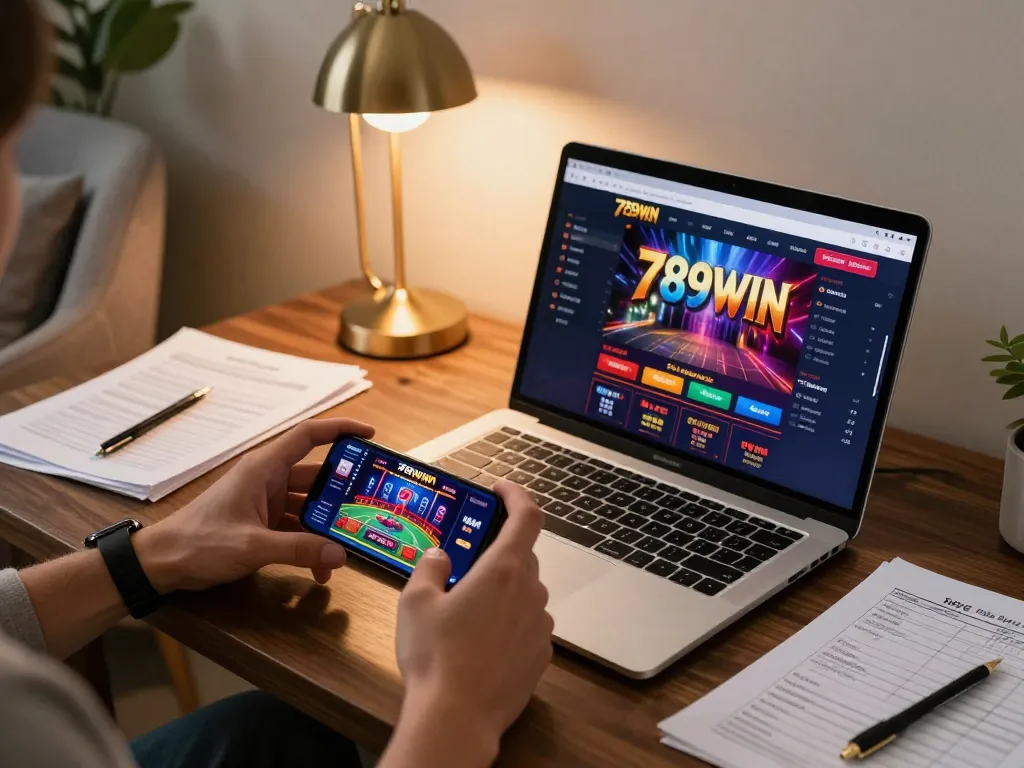 Experience 789WIN through a stylish online gaming setup showcasing responsible gaming practices.