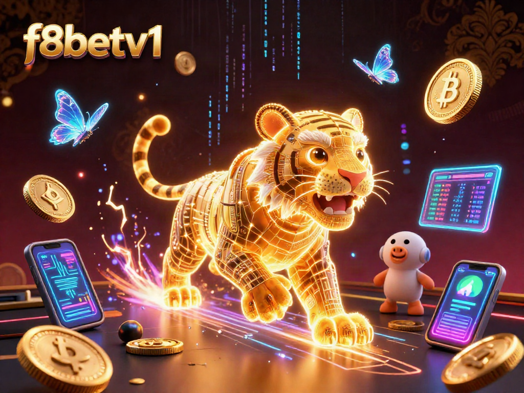 Engage with the thrilling f8betv1 casino experience, featuring a neon tiger and floating crypto elements.