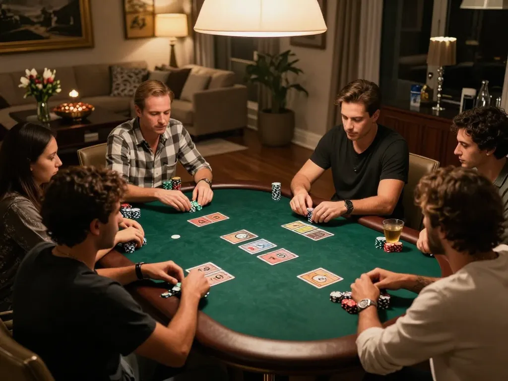 VSBET players enjoying a home poker night with friends around a stylish table, chips stacked and community cards displayed.