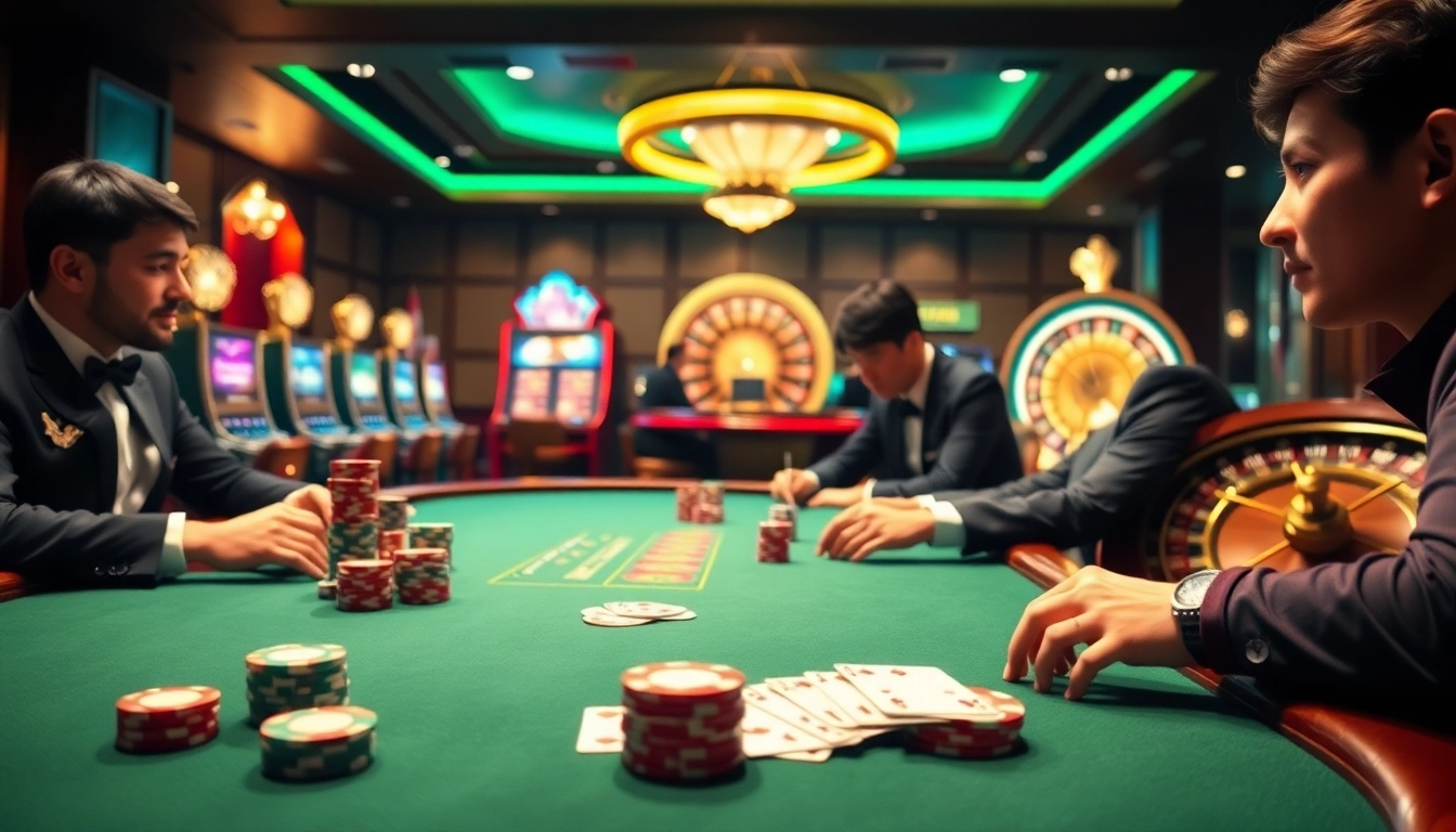 Gambling scene illustrating nha cai uy tin with high-stakes poker action and luxury casino elements.