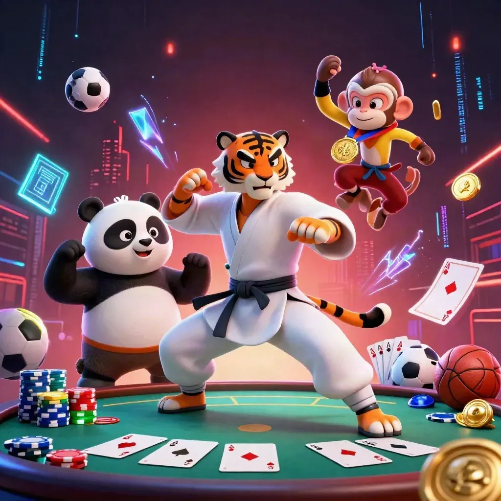 Tiger, panda and monkey amid poker chips, aces, sports balls and neon casino energy