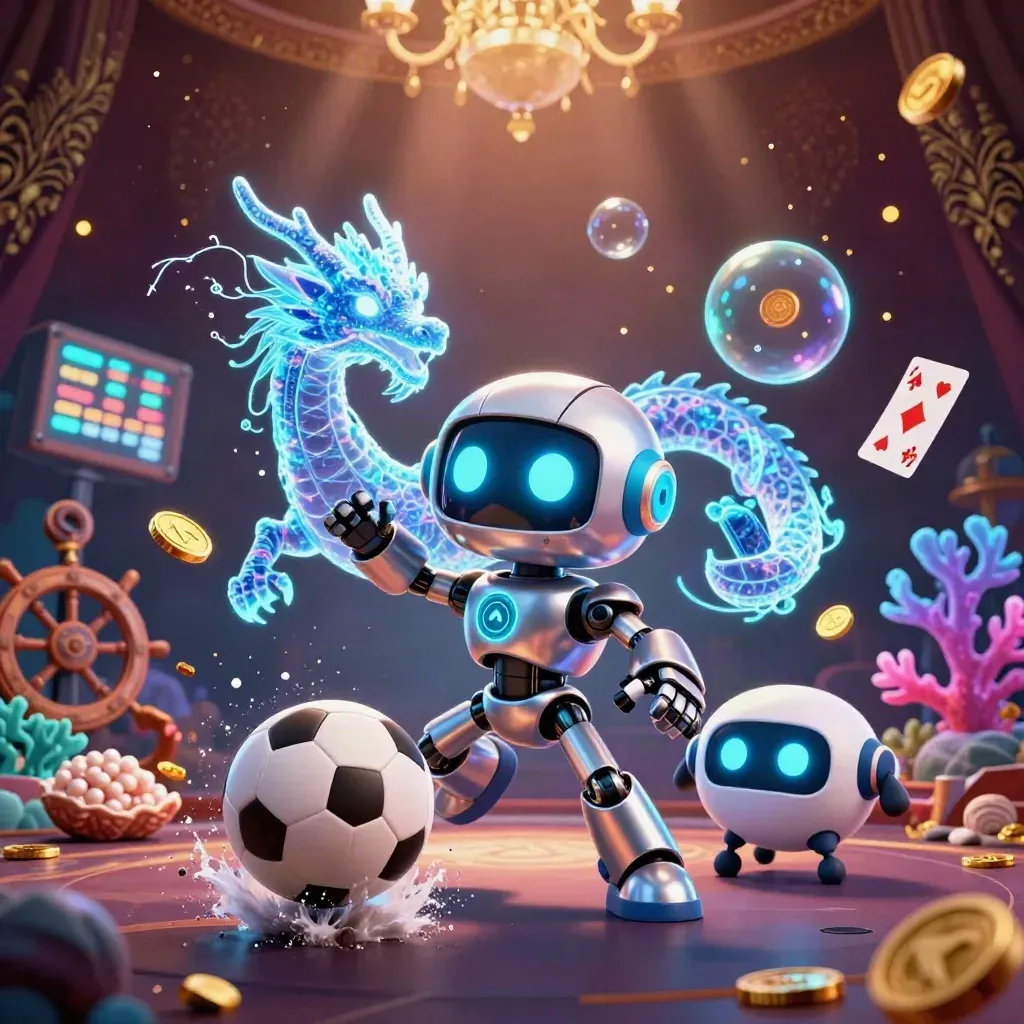 Cyberpunk robot, AI dragon and drone amid casino treasure, soccer ball, spray and neon lights