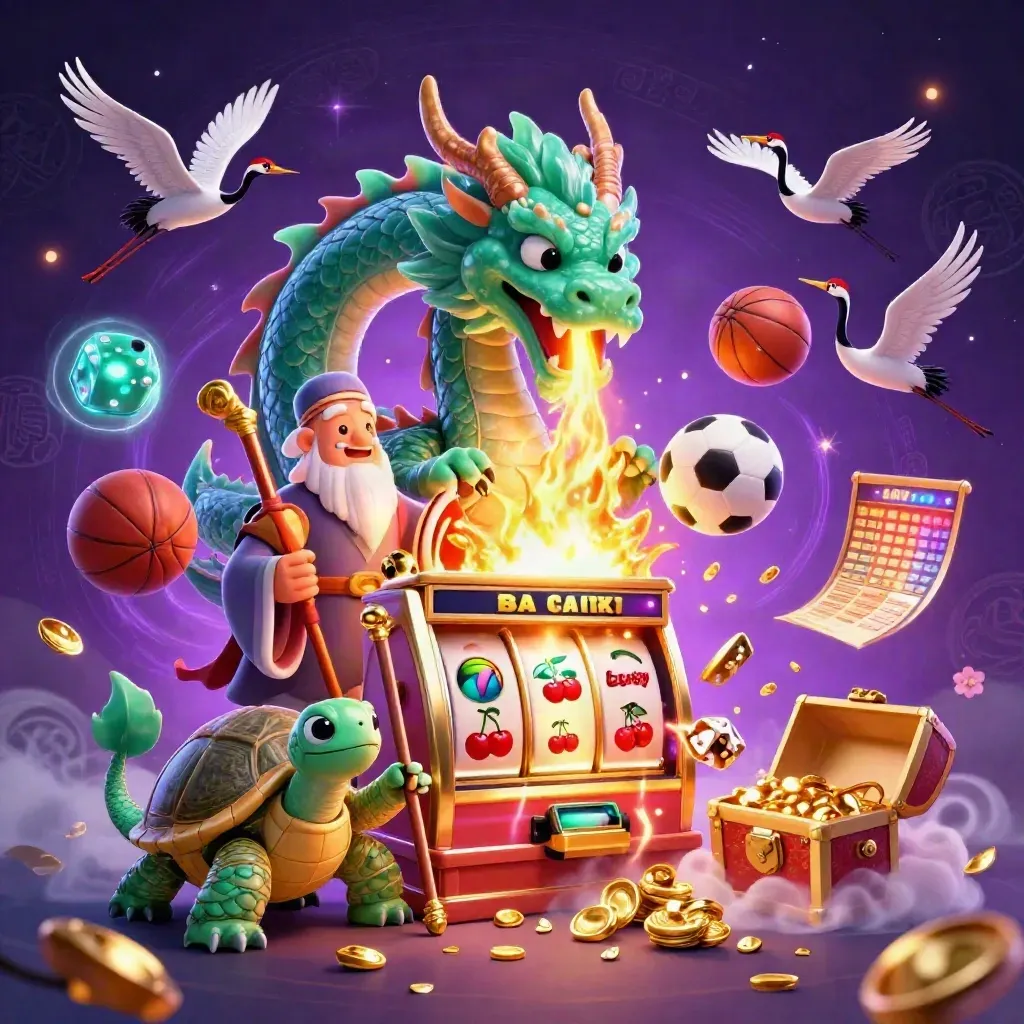 Neon fantasy casino sports splash with dragon, turtle sage, cranes, slot burst and flying balls.