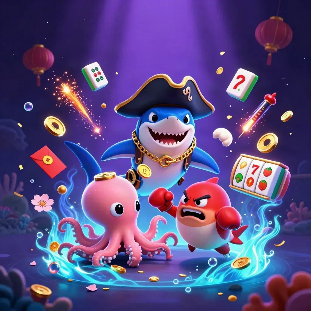 Pirate shark, boxing pufferfish, and coin-juggling octopus amid neon casino treasure bursts